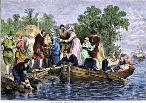 Arrival of wives for the settlers at colonial Jamestown Virginia